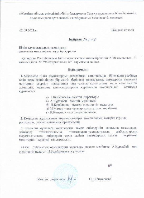 Білім алушылардың тамақтану  сапасына  мониторинг  жүргізу туралы
